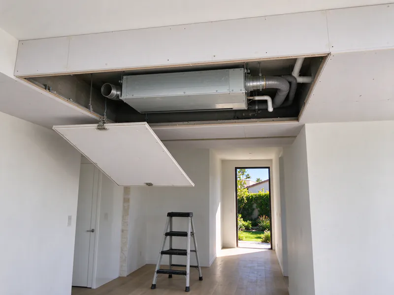 Access panel open in a hallway soffit showing a concealed duct mini split unit inside