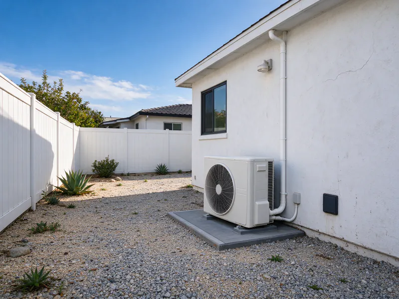 Backyard ADU behind a San Diego house with its own mini split outdoor unit against the ADU side wall