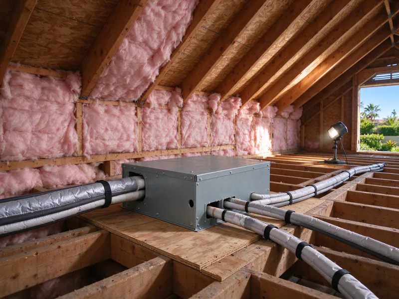 Branch box for a multi-zone mini split mounted in an attic with line sets running to separate rooms