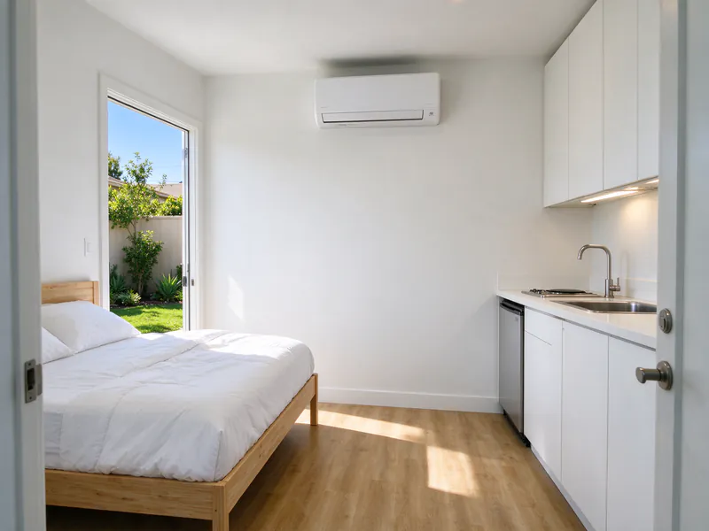 Bright ADU studio with a bed, a kitchenette and a white wall-mounted mini split head high on the wall