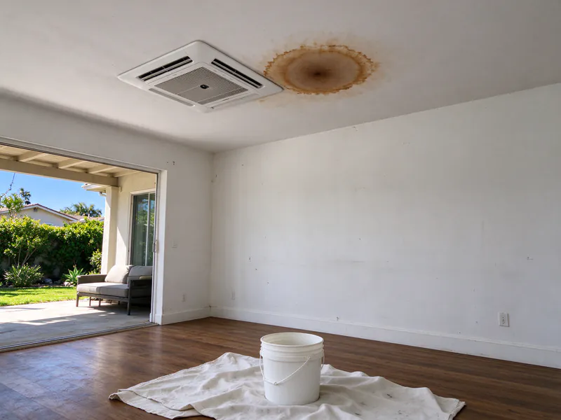 Brown water stain on a ceiling beside a ceiling cassette with a plastic bucket on a drop cloth below