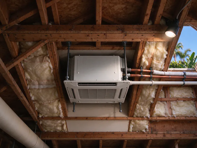 Ceiling cassette body hung from threaded rods between attic joists with its line set and drain connected