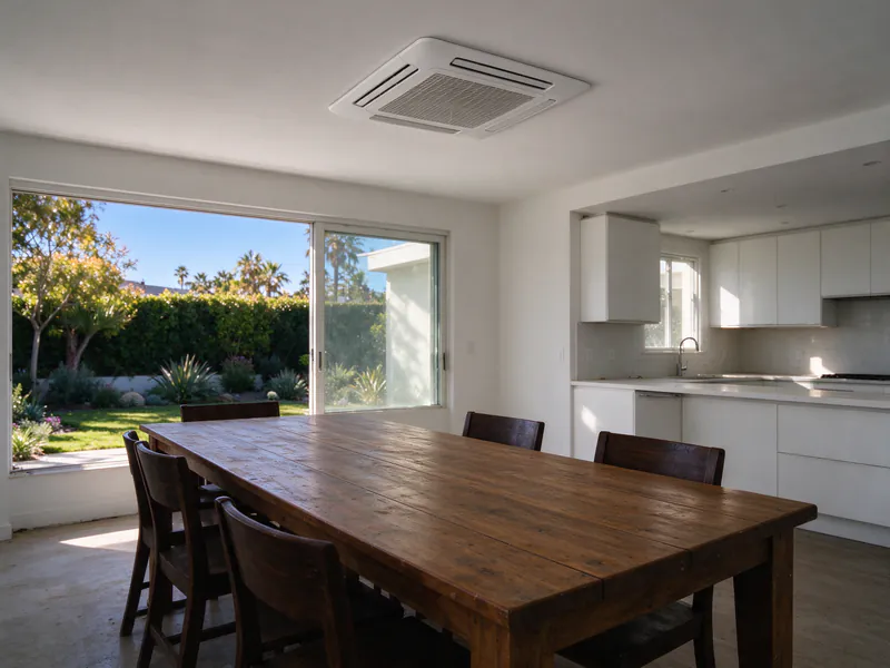 Ceiling cassette centered over a dining table in a bright San Diego kitchen and dining room