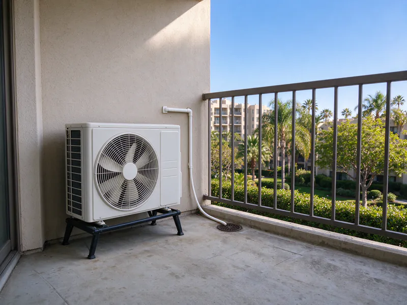 Compact outdoor unit on a condo balcony with its condensate line run down into the balcony floor drain
