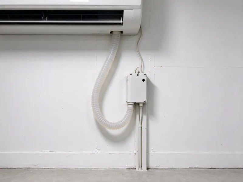 Condensate pump with an overflow safety switch mounted on a server room wall away from the racks