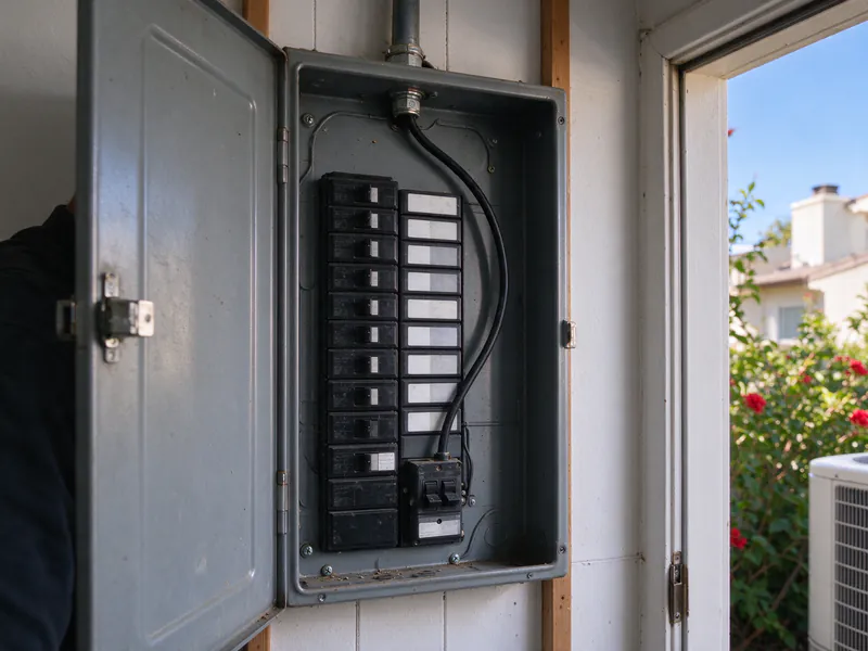 Condo electrical panel in a closet with the door open and a new two-pole breaker