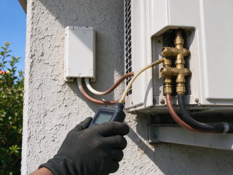 Electronic leak detector probe held at a flare connection on a mini split outdoor unit