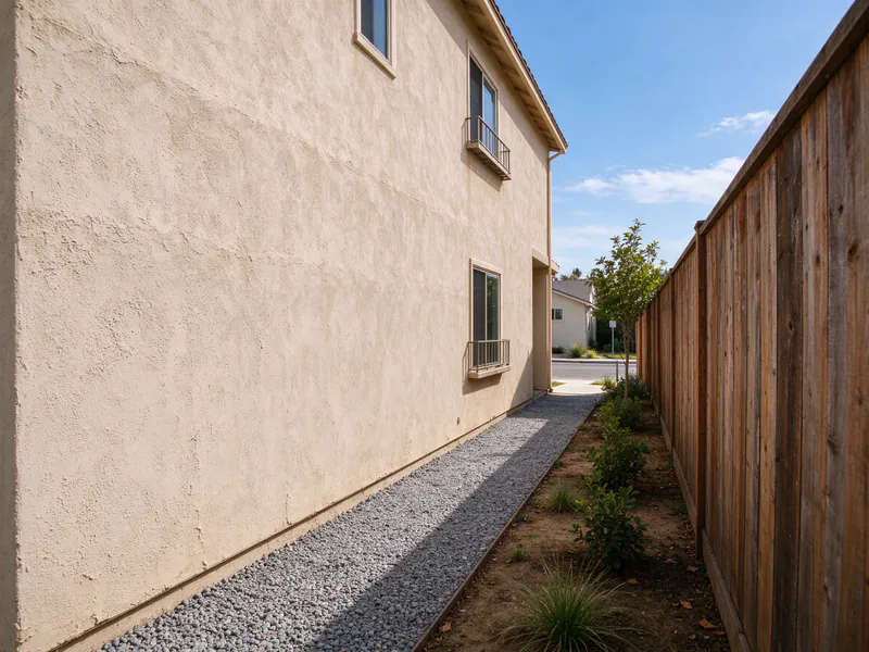 Empty gravel side yard along the stucco wall of a two-story San Diego house before a multi-zone install