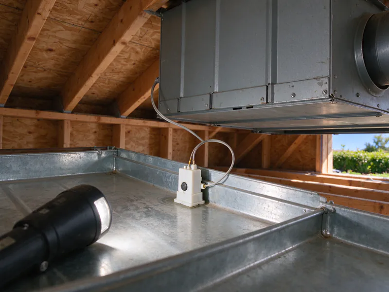 Float switch on the corner of a secondary drain pan under a ducted mini split air handler in an attic