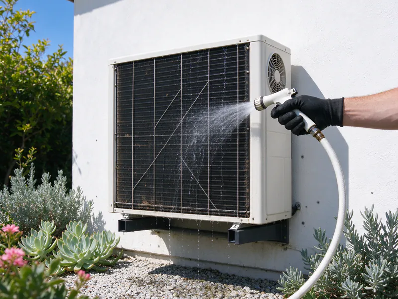 Garden hose gently rinsing the coil of a coastal mini split outdoor unit