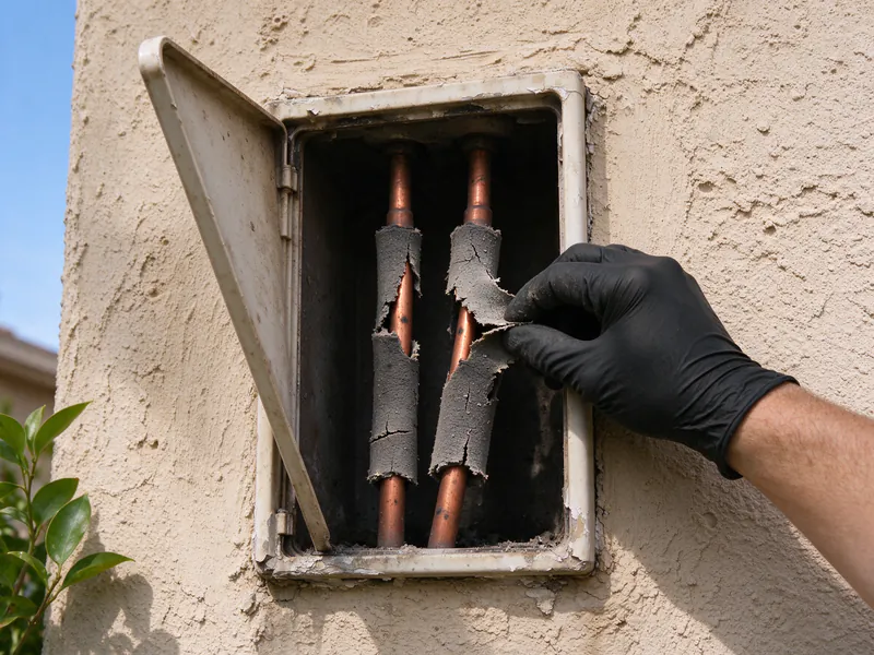 Gloved hand checking sun-cracked insulation on an old mini split line set beside a stucco wall