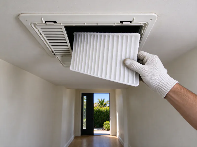 Gloved hand sliding a new filter into a hinged return grille in a hallway ceiling