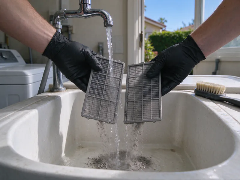 Gloved hands rinsing two mini split filters under a faucet in a utility sink