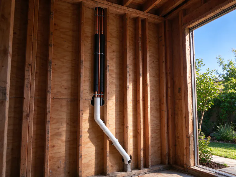 Insulated mini split line set and drain line stubbed through the open stud wall of an ADU under construction