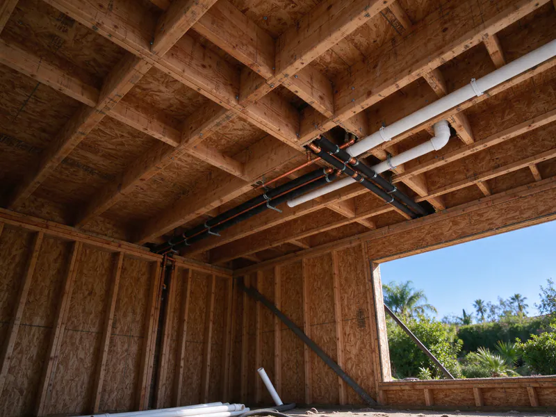 Mini split line set and drain line routed through the open ceiling joists of a room addition before drywall