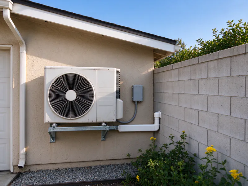 Mini split outdoor unit on a wall bracket against the side wall of a garage in a narrow side yard
