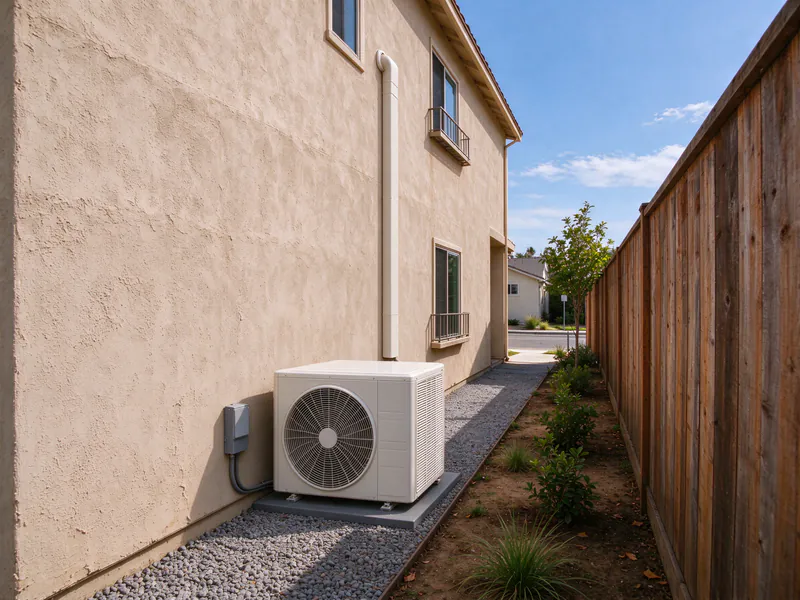 Multi-zone mini split outdoor unit on a pad with a line-hide rising to the second floor of a two-story San Diego house