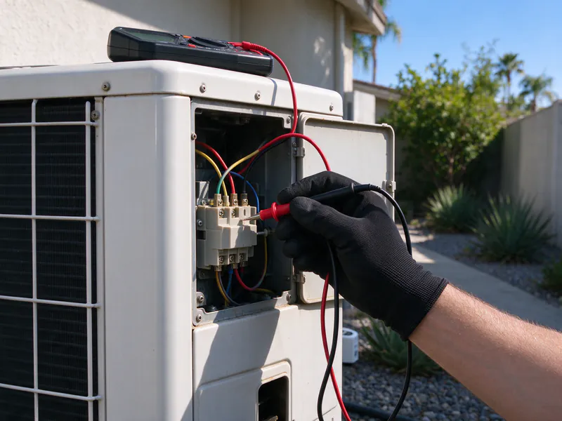 Multimeter probes testing the terminal block inside an opened mini split outdoor unit