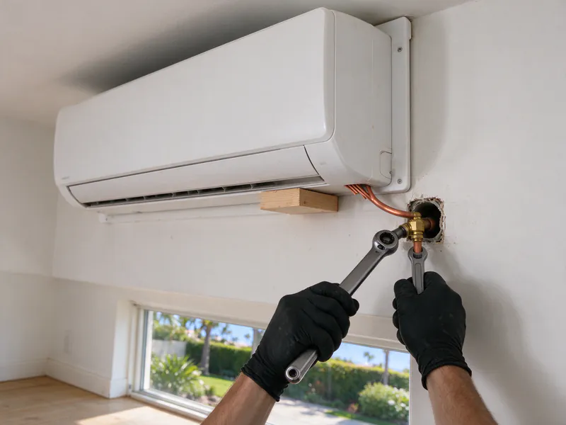 New mini split indoor head tilted out from its mounting plate while gloved hands tighten a flare nut with a torque wrench