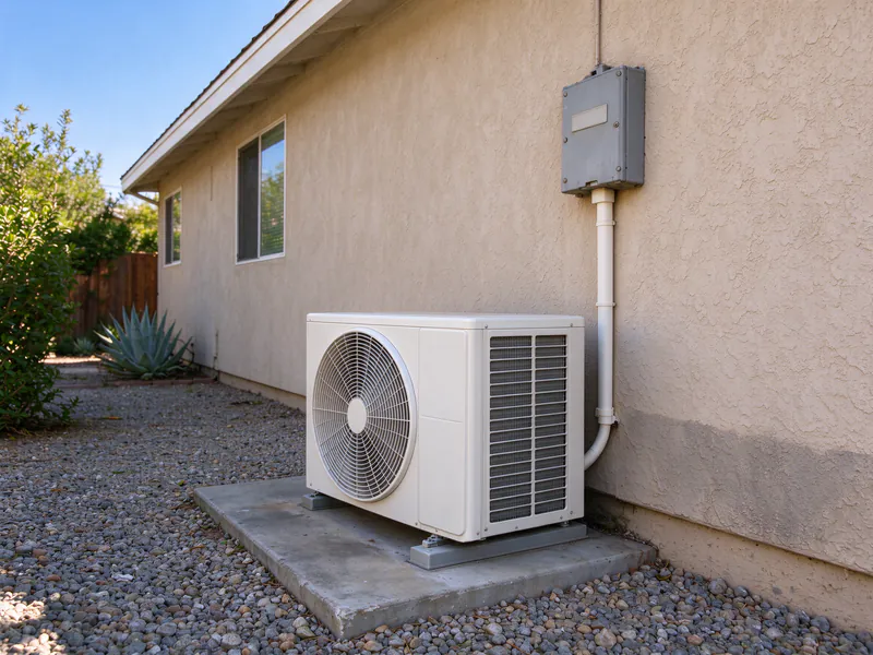 New white mini split outdoor unit and clean line-hide on the same pad beside a stucco wall