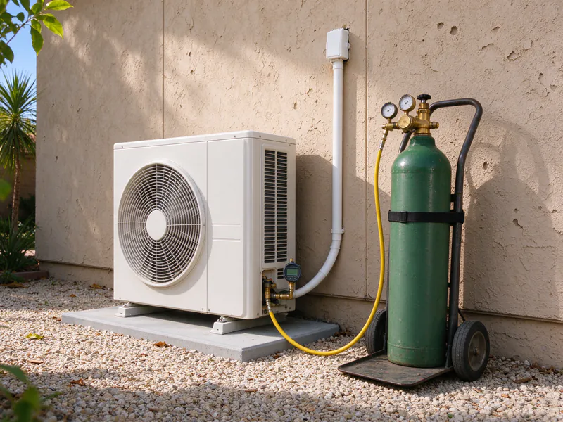 Nitrogen cylinder and gauge connected to a mini split outdoor unit for a pressure test