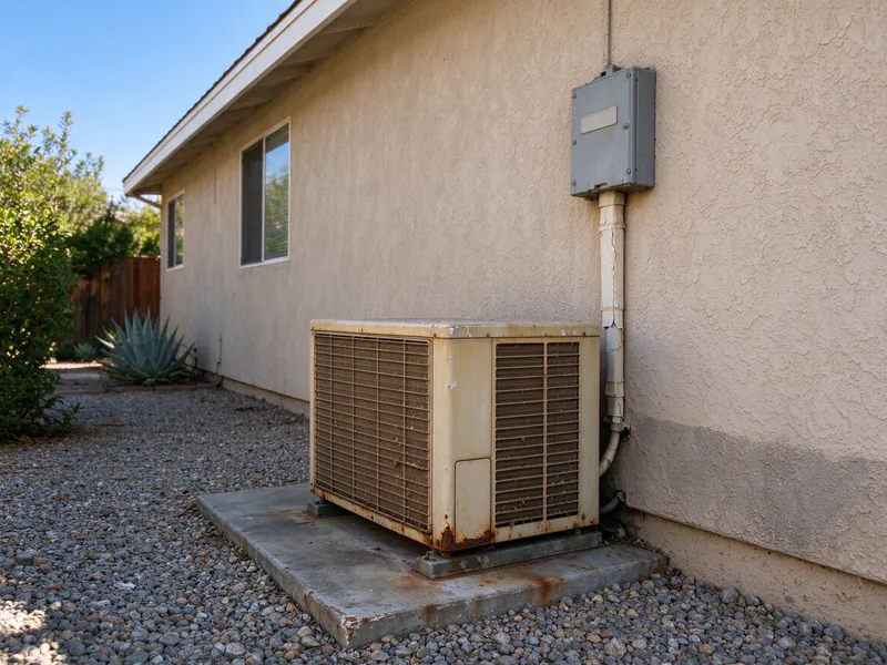 Old faded mini split outdoor unit with corroded fins on a stained pad beside a stucco wall