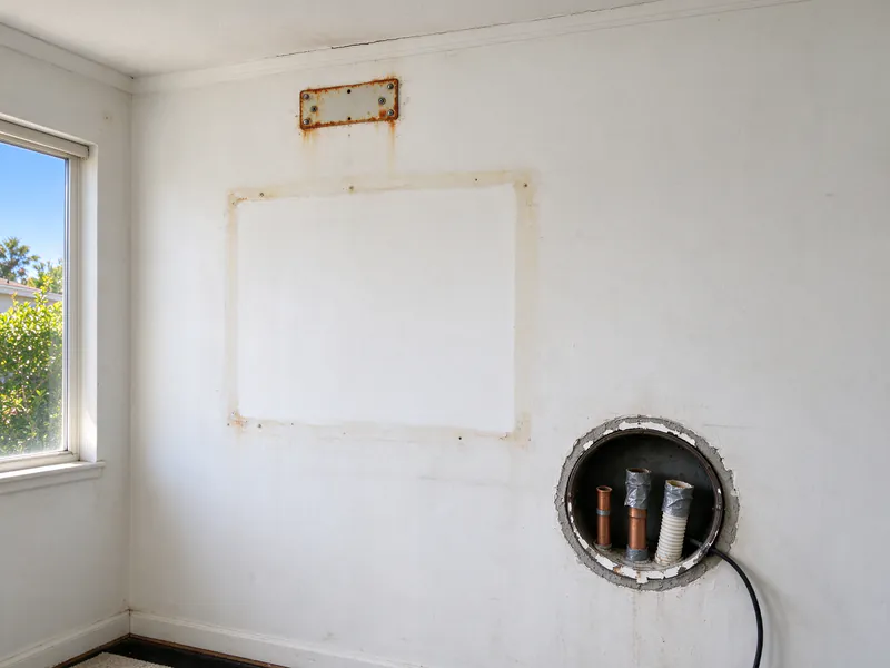 Old mini split mounting plate and faded outline left on a living room wall after the indoor head was removed