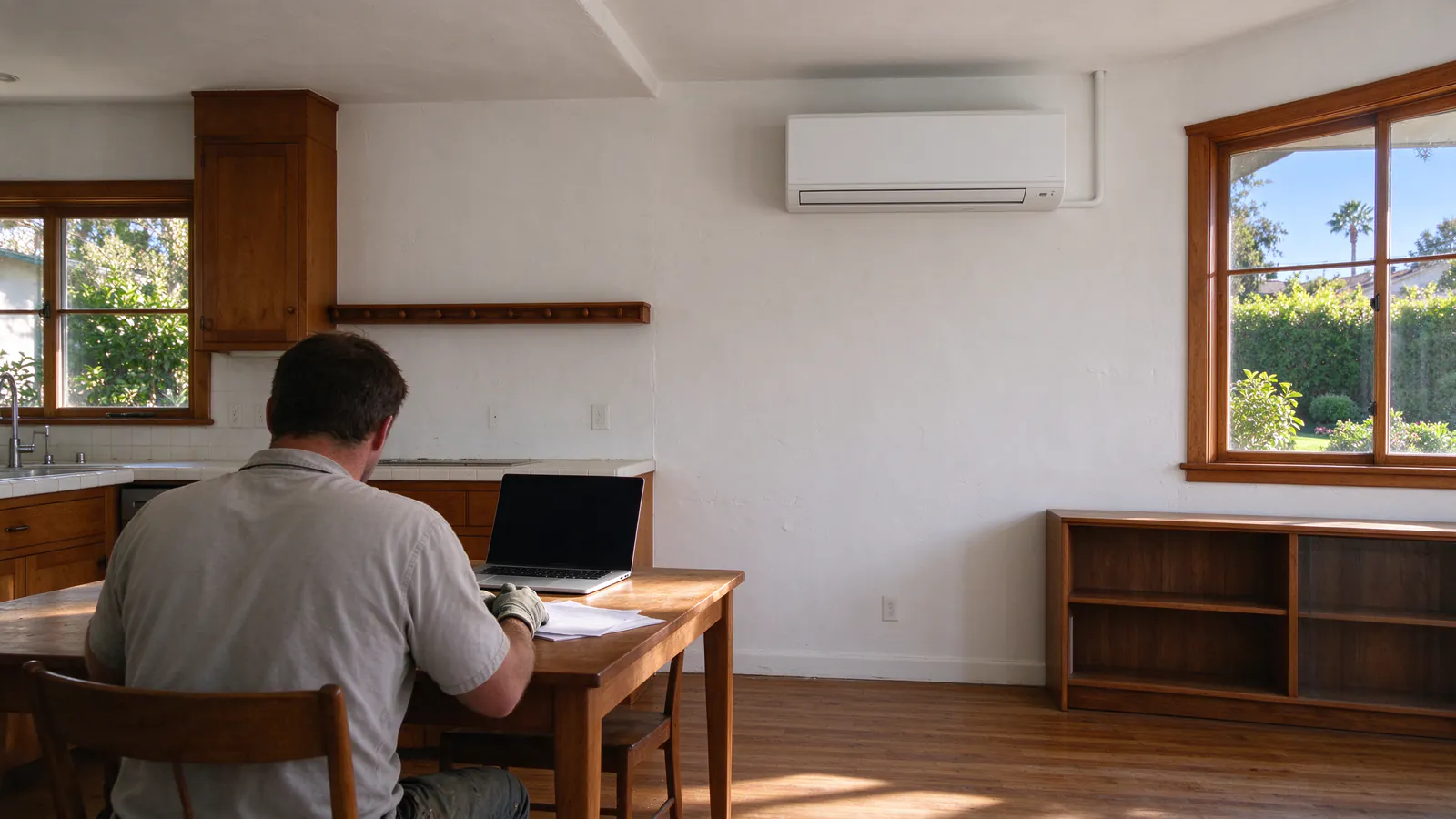 Person seen from behind at a kitchen table with a closed laptop and a few loose papers, a white wall-mounted mini split head high on the wall beyond