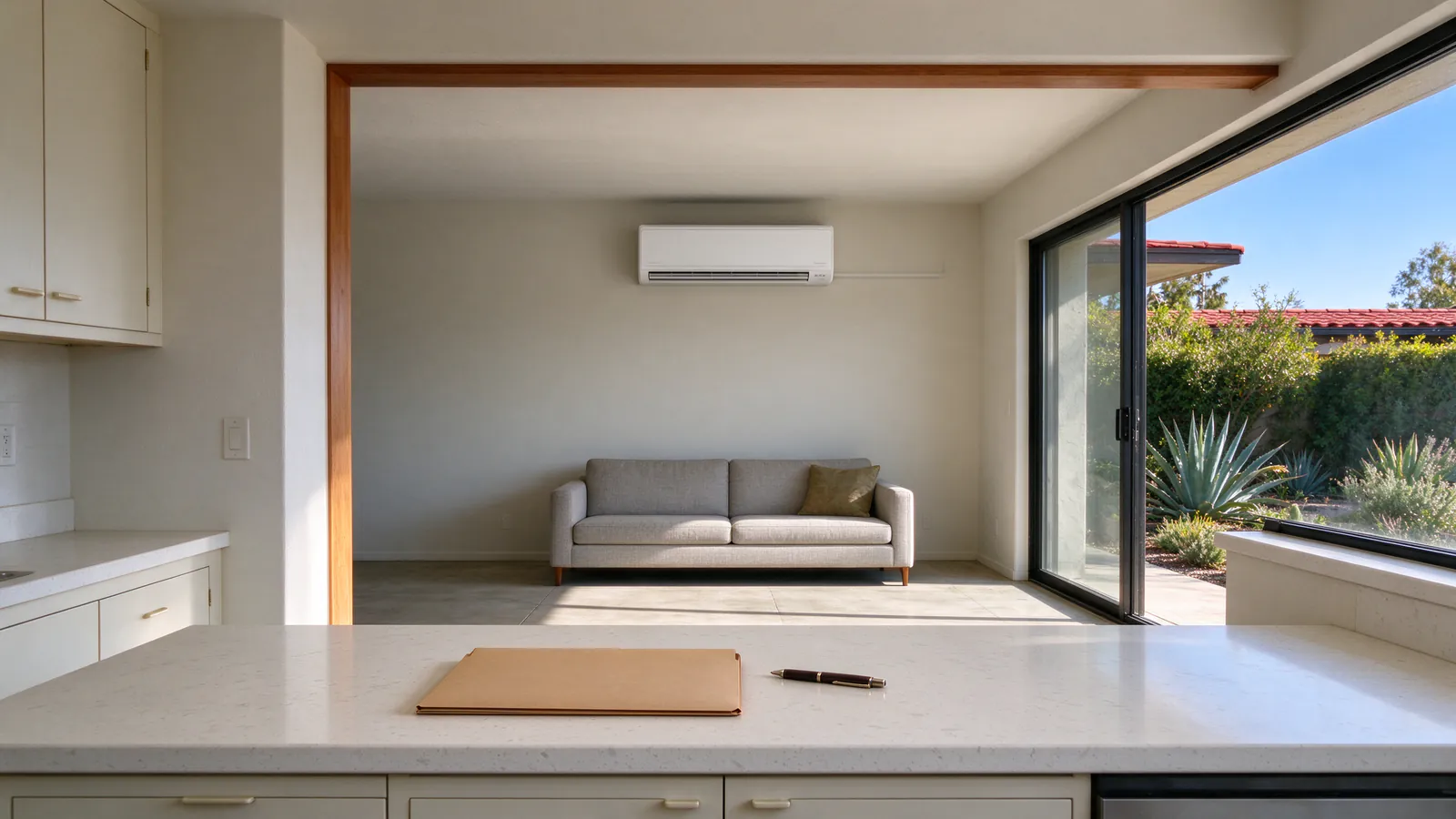Plain folder and a pen on a kitchen counter in a bright San Diego house, with a white wall-mounted mini split head high on the living room wall beyond
