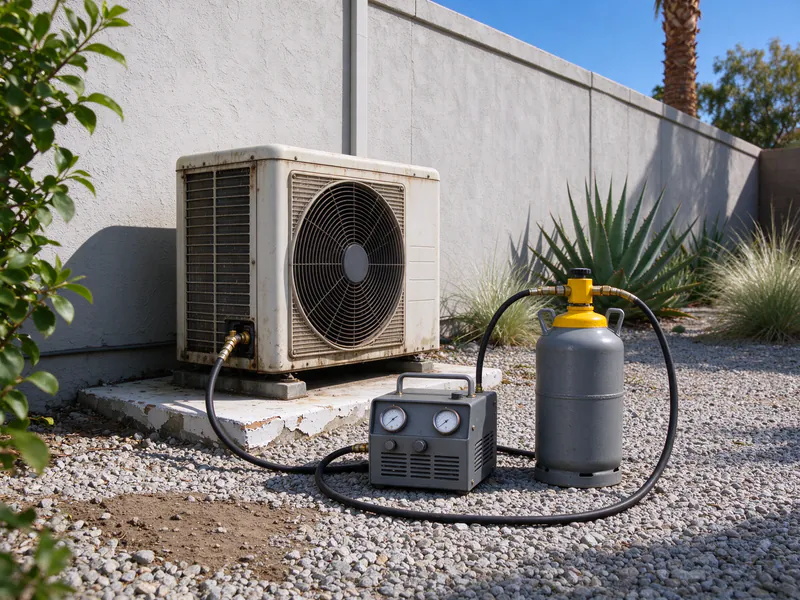 Refrigerant recovery machine and cylinder connected to an old mini split outdoor unit before removal