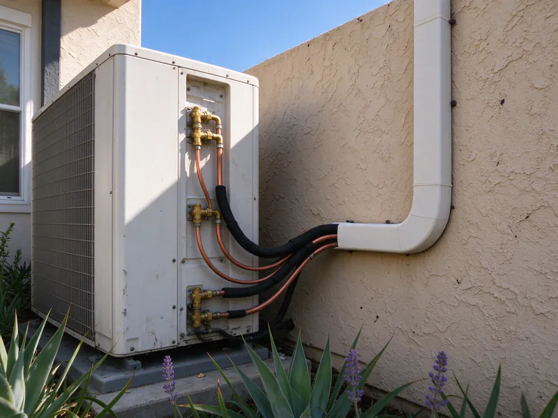 Service valve side of a multi-zone outdoor unit with three insulated line sets entering one wide line-hide