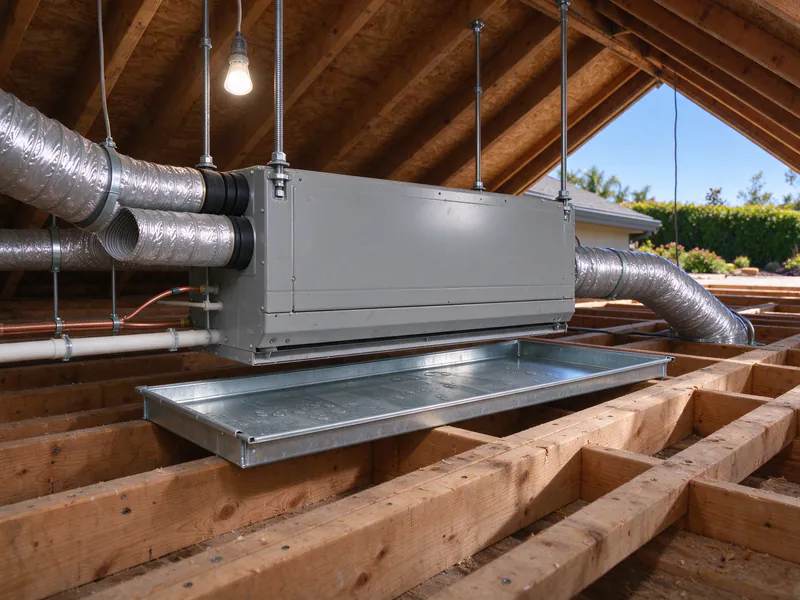 Slim ducted mini split air handler hung in an attic with insulated flex ducts and a drain pan below