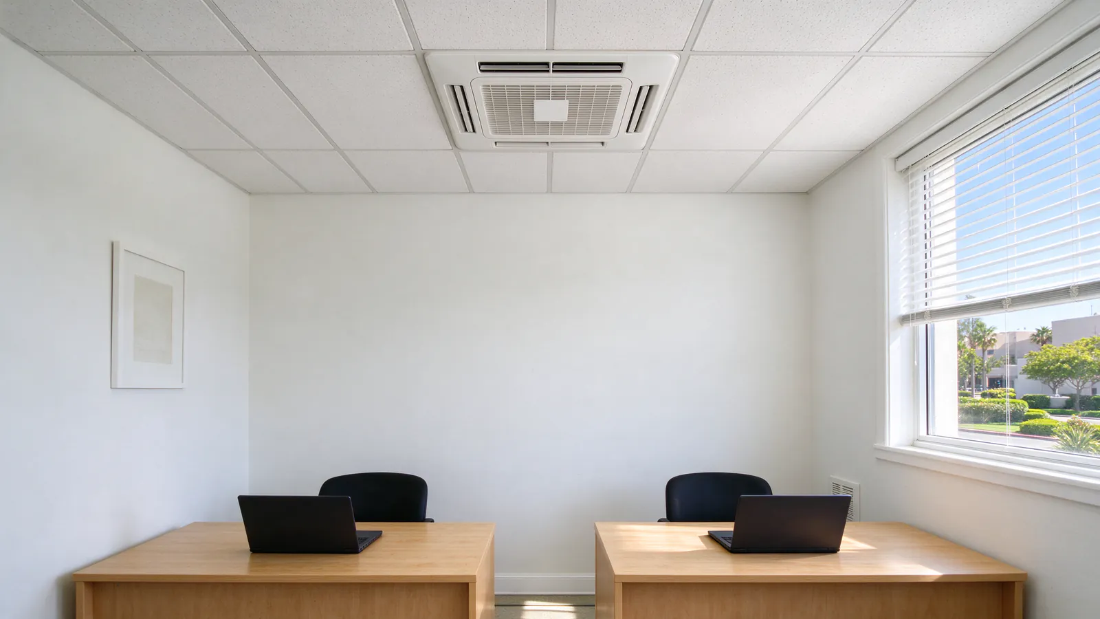 Small San Diego office with a white four-way ceiling cassette set into a suspended ceiling grid above two desks and a window with blinds