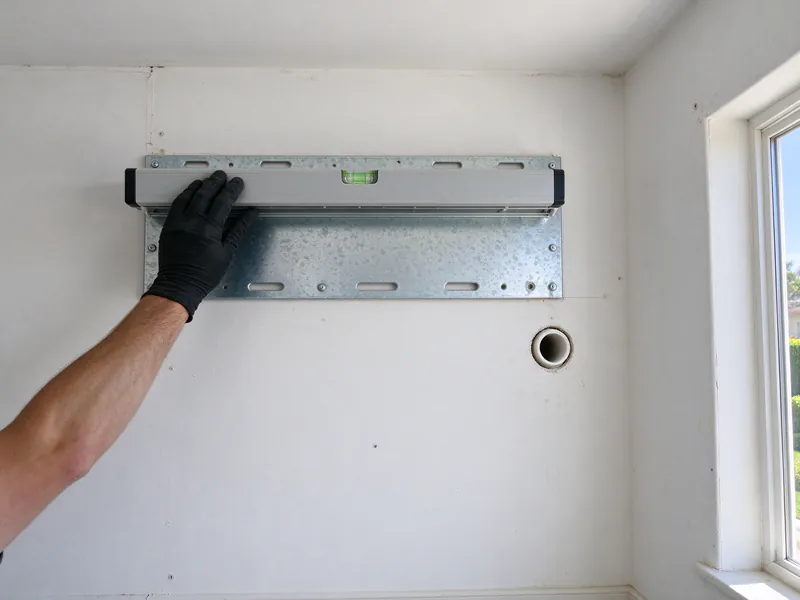 Steel mounting plate for a mini split indoor head being leveled high on a bedroom wall