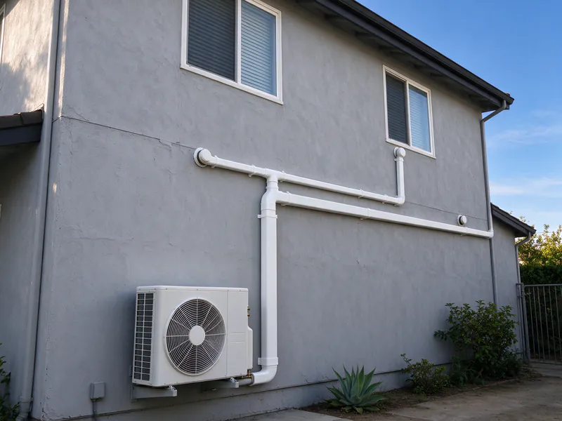 Two-story stucco wall with a wide line-hide branching to two upstairs bedroom wall penetrations