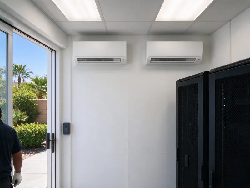 Two white mini split heads mounted side by side on a server room wall for redundant cooling