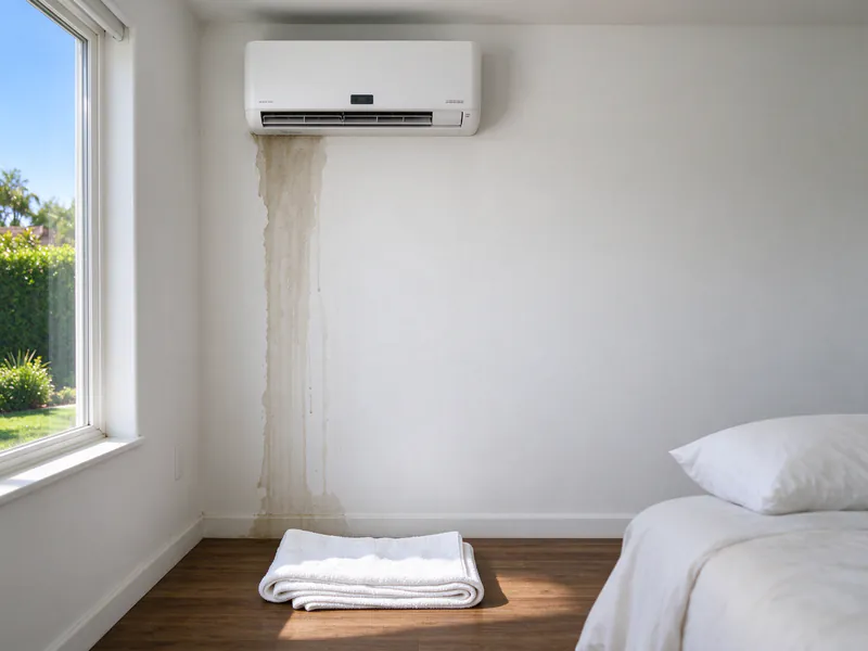 Water streak running down a wall below a mini split indoor head with a towel on the floor beneath